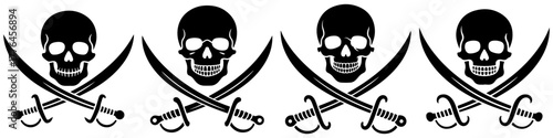 Set of pirate skulls with crossed swords. Jolly Roger symbol variation. Ideal for pirate theme parties, tattoos, emblems, or game assets. Black and white isolated icons.