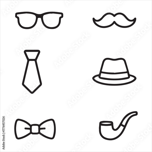 Father's Day Icons Glasses Mustache Tie Hat Bowtie Pipe Outline Symbols spectacles moustache