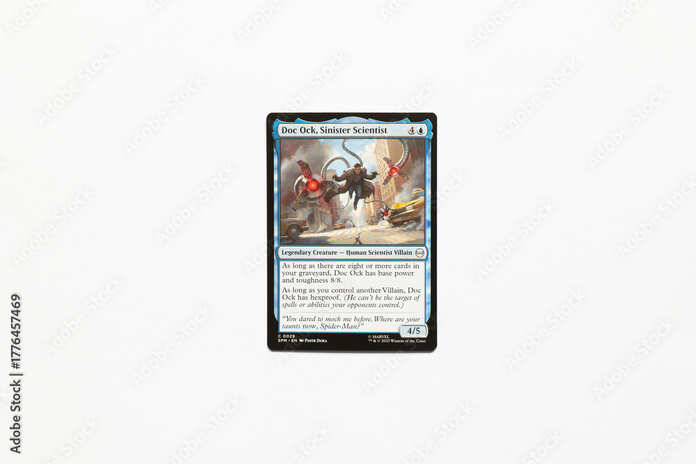 Naklejka premium Bradford, UK Nov 3 2025 Doc Ock, Sinister Scientist card from Spider-man magic the gathering card shot isolated on a white paper background.