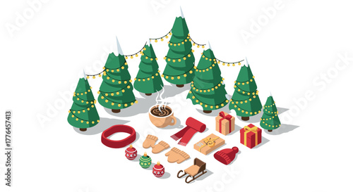 Festive isometric christmas set with decorated trees and winter items