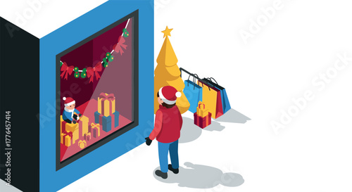 Festive window display with christmas tree and gifts in isometric style