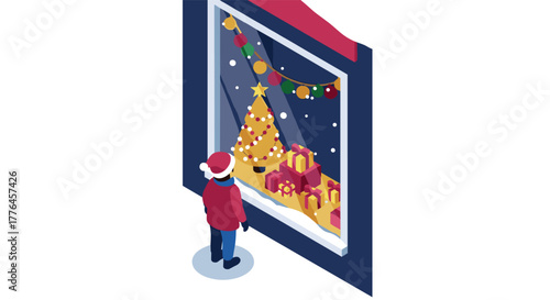 Festive holiday window display with christmas tree and gifts