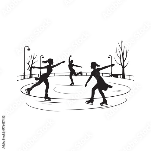 Black Color Ice Skating Silhouette Vector Illustration.