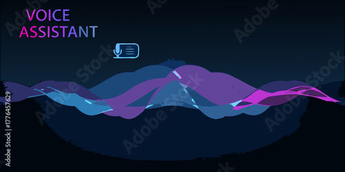 Abstract voice assistant waveform visualization with microphone icon and gradient colors on dark background