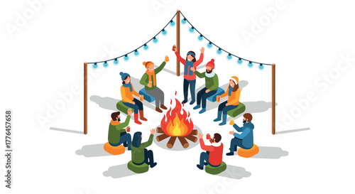 Outdoor winter gathering around campfire with friends celebrating under festive lights