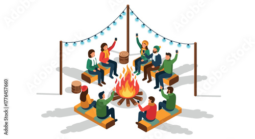 Isometric campfire gathering with friends under festive lights in winter setting