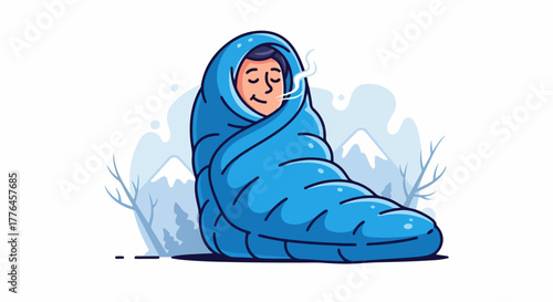 Person sleeping in sleeping bag with snowy mountains