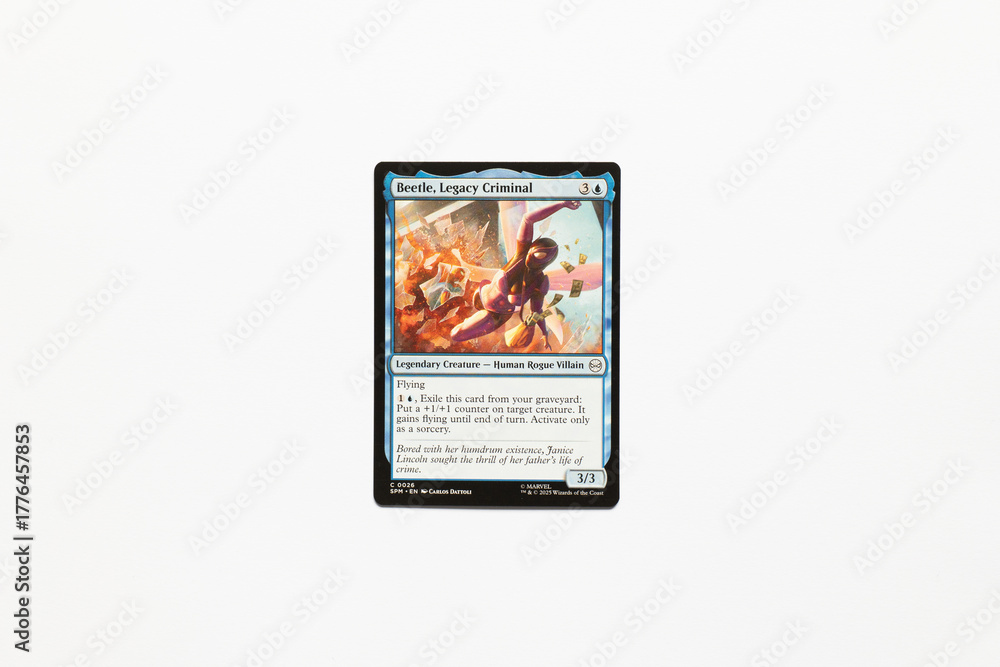Obraz premium Bradford, UK Nov 3 2025 Beetle, Legacy Criminal card from Spider-man magic the gathering card game shot isolated on a white paper background.