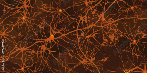 Abstract representation of interconnected neural network pathways with glowing orange neurons and dark background