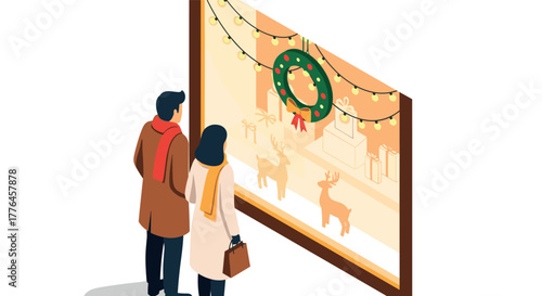 Festive winter shopping scene with christmas decor and gift display in store window