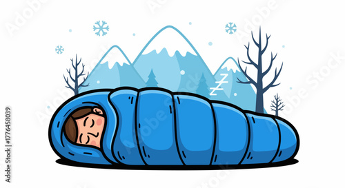 Person sleeping in sleeping bag with snowy mountains