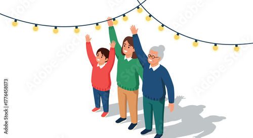 Isometric family celebrating with festive lights outdoors