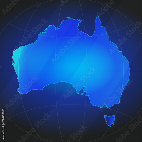 An illustration of Australia map silhouette with glowing blue color gradient and surrounded by grid globe. Suitable for design element, background, or infographic.