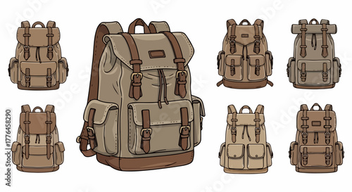 Backpack views with leather details and buckles