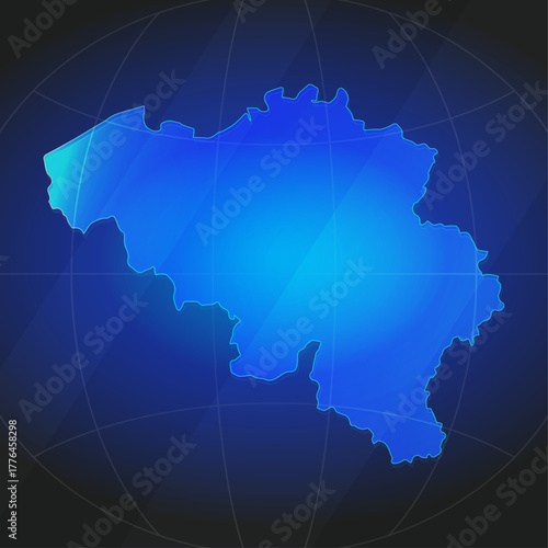An illustration of Belgium map silhouette with glowing blue color gradient and surrounded by grid globe. Suitable for design element, background, or infographic.