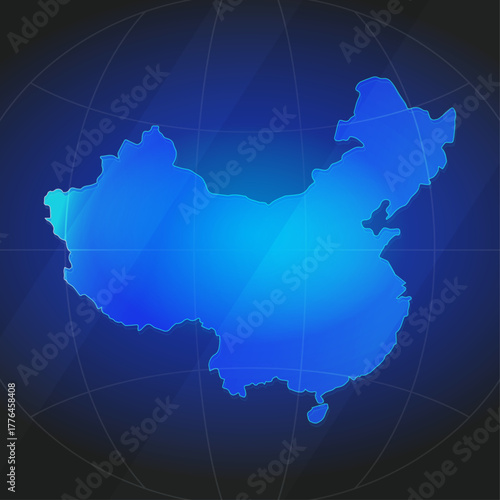 An illustration of China map silhouette with glowing blue color gradient and surrounded by grid globe. Suitable for design element, background, or infographic.