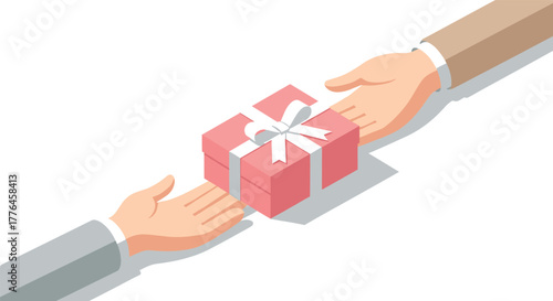 Isometric gift exchange between two hands with pink present and white ribbon