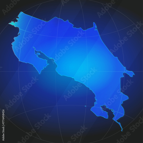 An illustration of Costa Rica map silhouette with glowing blue color gradient and surrounded by grid globe. Suitable for design element, background, or infographic.