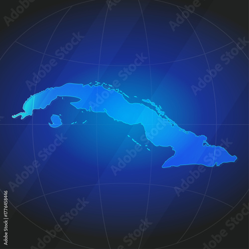 An illustration of Cuba map silhouette with glowing blue color gradient and surrounded by grid globe. Suitable for design element, background, or infographic.