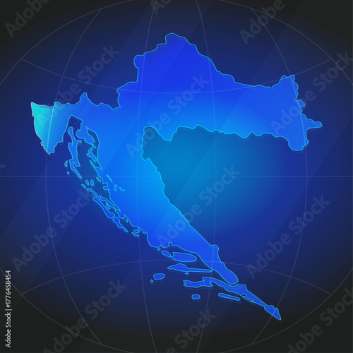 An illustration of Croatia map silhouette with glowing blue color gradient and surrounded by grid globe. Suitable for design element, background, or infographic.