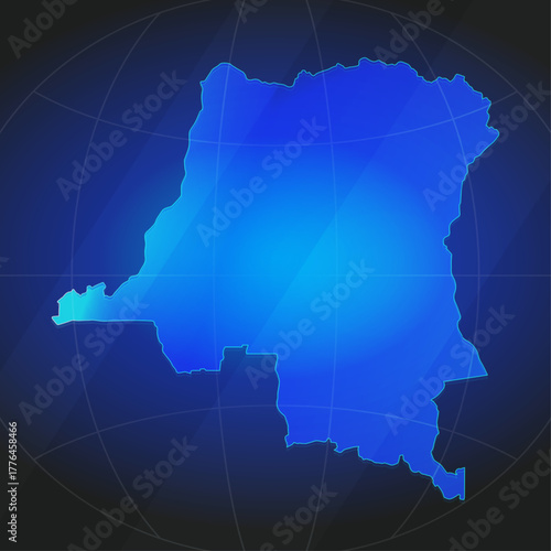 An illustration of Democratic Republic of the Congo map silhouette with glowing blue color gradient and surrounded by grid globe. Suitable for design element, background, or infographic.