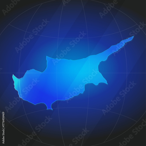 An illustration of Cyprus map silhouette with glowing blue color gradient and surrounded by grid globe. Suitable for design element, background, or infographic.