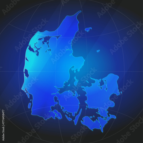 An illustration of Denmark map silhouette with glowing blue color gradient and surrounded by grid globe. Suitable for design element, background, or infographic.