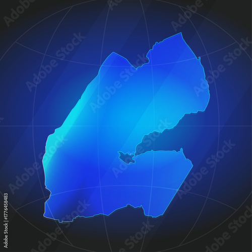 An illustration of DJibouti map silhouette with glowing blue color gradient and surrounded by grid globe. Suitable for design element, background, or infographic.