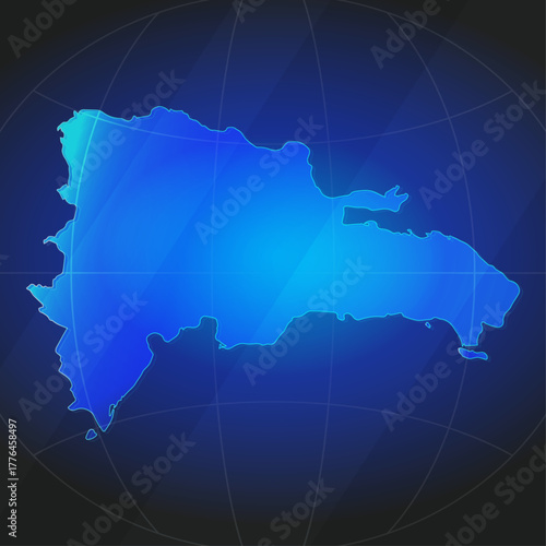 An illustration of Dominican Republic map silhouette with glowing blue color gradient and surrounded by grid globe. Suitable for design element, background, or infographic.