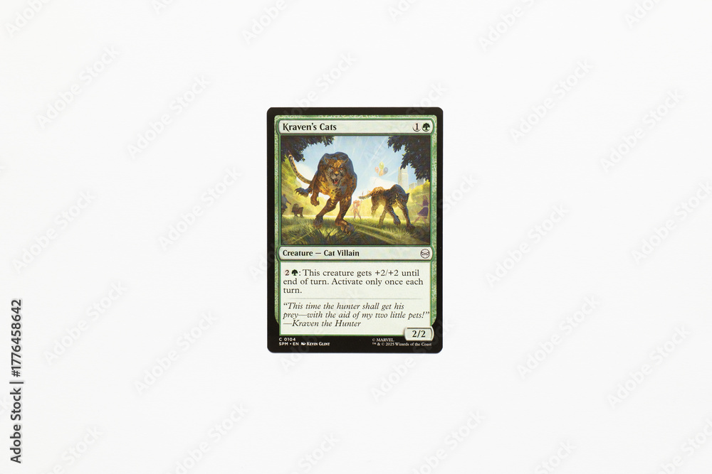 Naklejka premium Bradford, UK Nov 3 2025 Kraven's Cats card from Spider-man magic the gathering card game shot isolated on a white paper background.