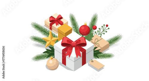 Festive gift boxes with ornaments and pine branches in isometric style