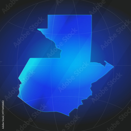 An illustration of Guatemala map silhouette with glowing blue color gradient and surrounded by grid globe. Suitable for design element, background, or infographic.