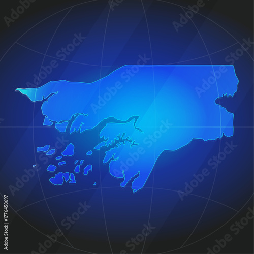 An illustration of Guinea-Bissau map silhouette with glowing blue color gradient and surrounded by grid globe. Suitable for design element, background, or infographic.