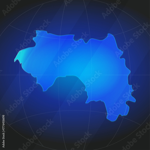 An illustration of Guinea map silhouette with glowing blue color gradient and surrounded by grid globe. Suitable for design element, background, or infographic.