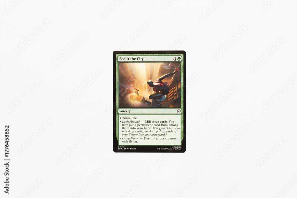 Naklejka premium Bradford, UK Nov 3 2025 Scout the City card from Spider-man magic the gathering card game shot isolated on a white paper background.