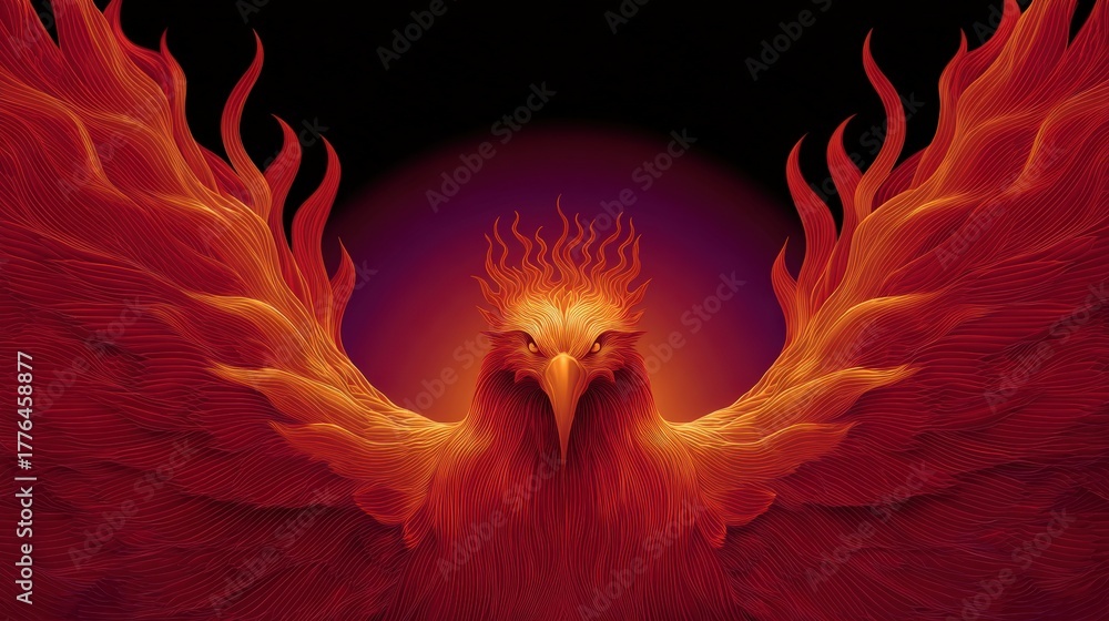 Obraz premium Digital illustration of a phoenix bird in flight. the bird is facing towards the right side of the image, with its wings spread wide and its head turned towards the viewer.
