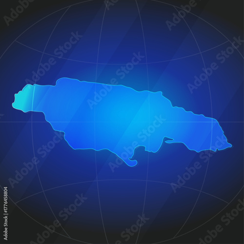 An illustration of Jamaica map silhouette with glowing blue color gradient and surrounded by grid globe. Suitable for design element, background, or infographic.