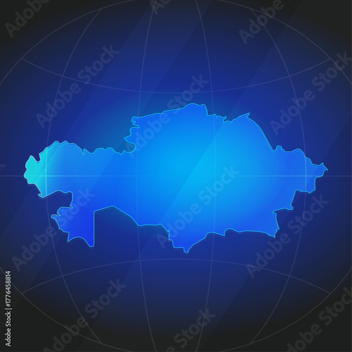 An illustration of Kazakhstan map silhouette with glowing blue color gradient and surrounded by grid globe. Suitable for design element, background, or infographic.
