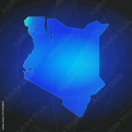 An illustration of Kenya map silhouette with glowing blue color gradient and surrounded by grid globe. Suitable for design element, background, or infographic.