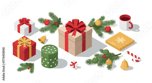 Festive gifts and decorations in isometric holiday design with bells and pine branches