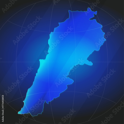 An illustration of Lebanese map silhouette with glowing blue color gradient and surrounded by grid globe. Suitable for design element, background, or infographic.