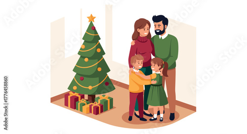 Festive family gathering by christmas tree with gifts in cozy room