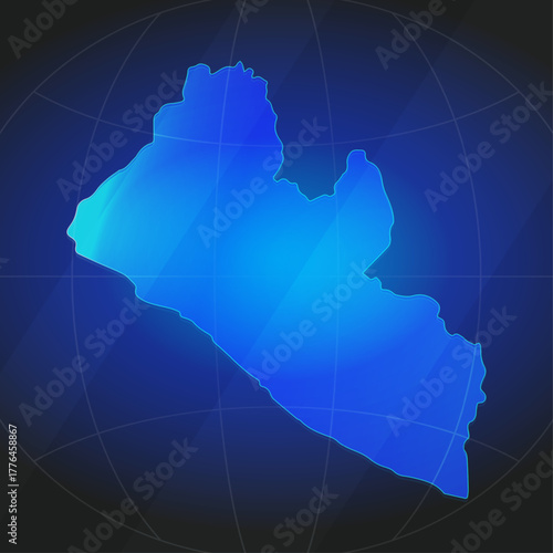 An illustration of Liberia map silhouette with glowing blue color gradient and surrounded by grid globe. Suitable for design element, background, or infographic.