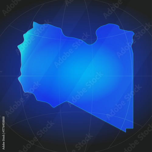An illustration of Libya map silhouette with glowing blue color gradient and surrounded by grid globe. Suitable for design element, background, or infographic.