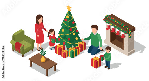 Family celebrating christmas with gifts by tree and fireplace in isometric style