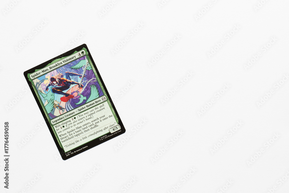 Naklejka premium Bradford, UK Nov 3 2025 Spider-man Brooklyn Visionary card from Spider-man magic the gathering shot isolated on a white paper background.
