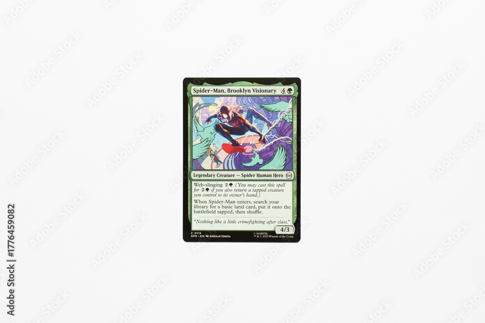 Obraz premium Bradford, UK Nov 3 2025 Spider-man Brooklyn Visionary card from Spider-man magic the gathering shot isolated on a white paper background.