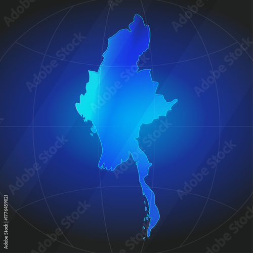 An illustration of Myanmar map silhouette with glowing blue color gradient and surrounded by grid globe. Suitable for design element, background, or infographic.