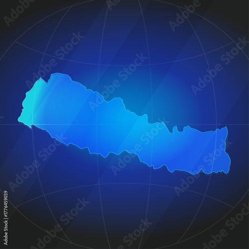 An illustration of Nepal map silhouette with glowing blue color gradient and surrounded by grid globe. Suitable for design element, background, or infographic.