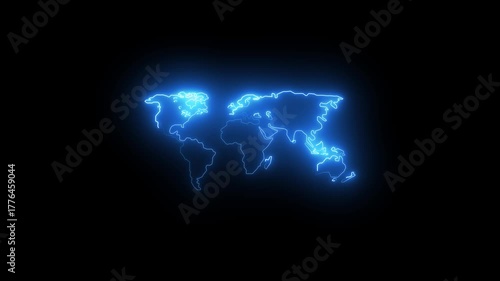 Neon glowing blue color  world map icon animation in black background...